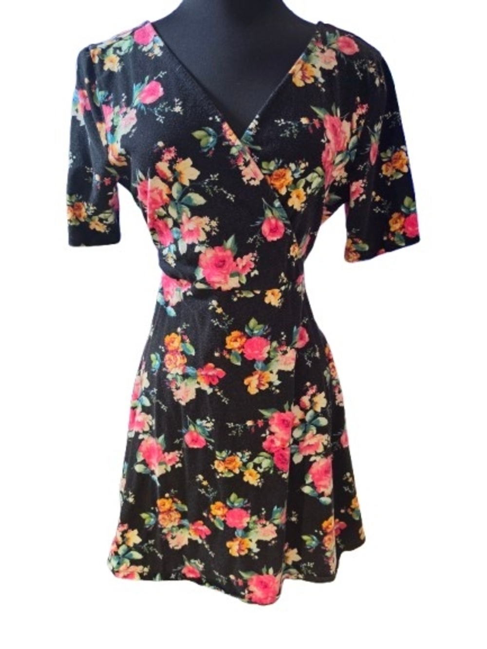 Black Floral Faux Wrap Mini Dress with Pink & Yellow Blooms SZ L